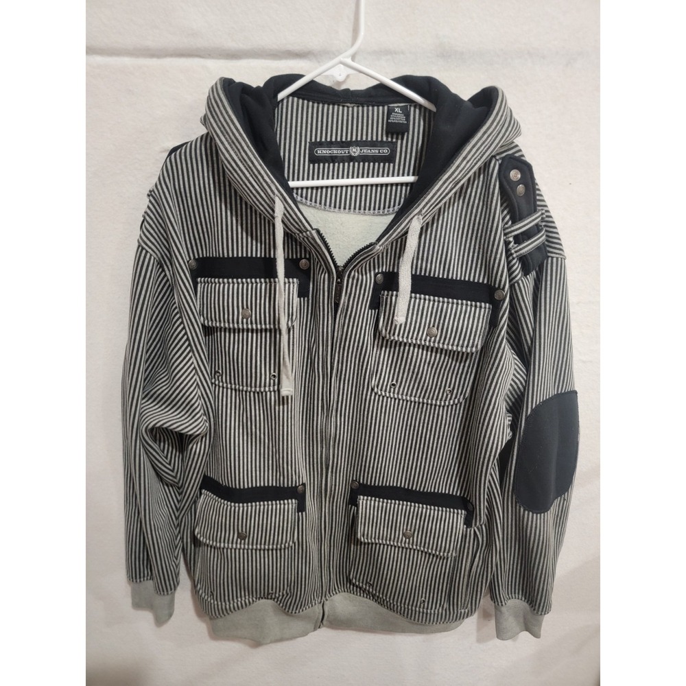 Knockout Jeans Co Hoodie Mens XL Y2K Striped Utility Cargo Zip Streetwear VTG‎